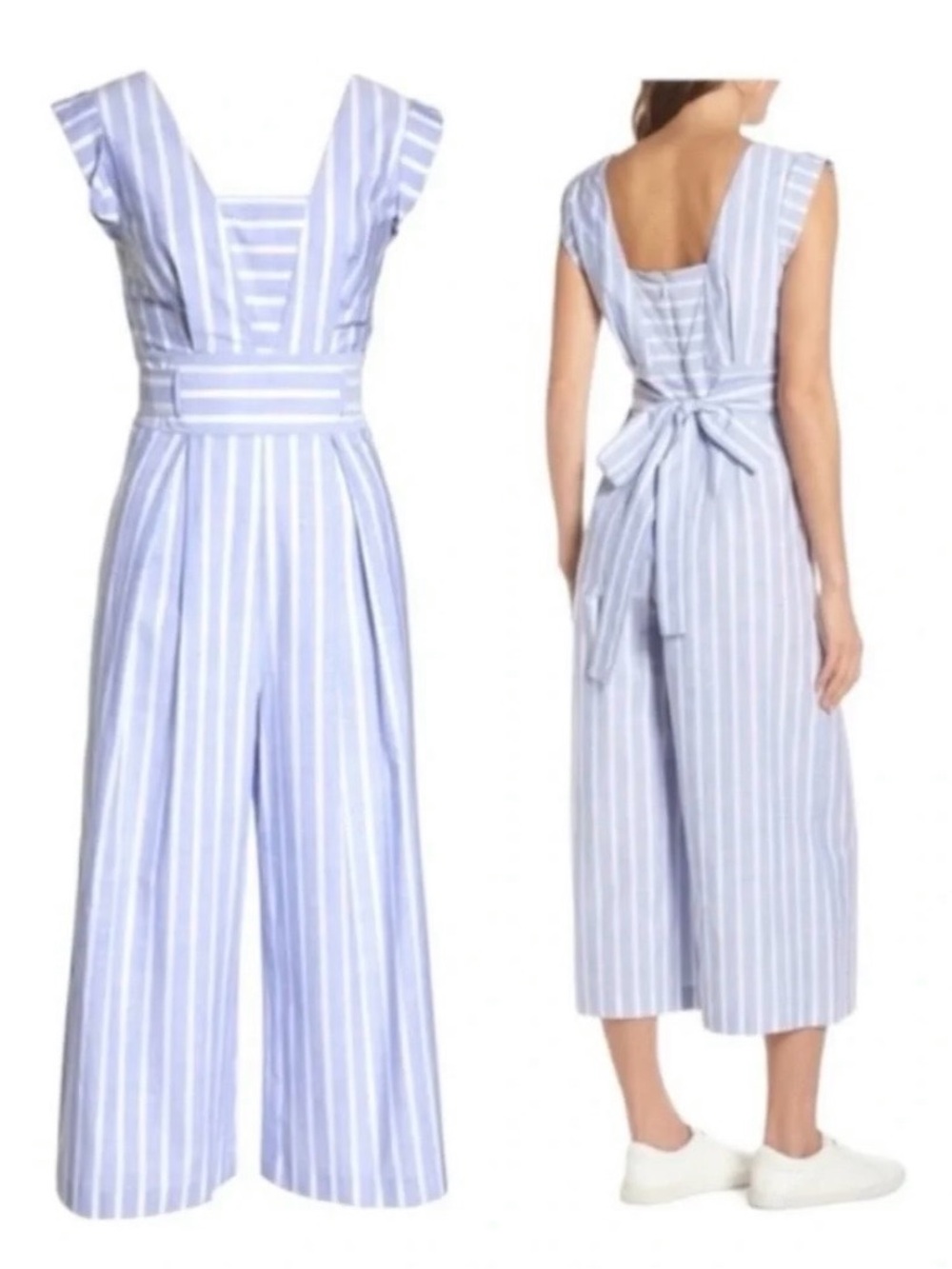 Nordstrom Striped Light Blue Wide-Leg Jumpsuit with Tie Back